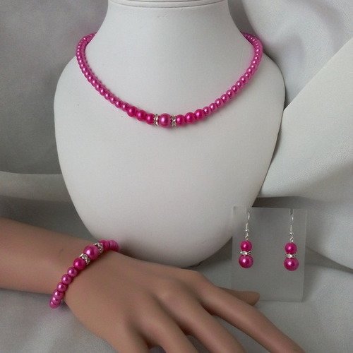 Parure mariage "chloe " 3 pièces, collier, bracelet & bo en perles nacrée fuchsia 