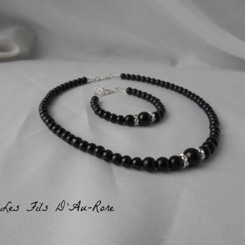 Parure mariage "chloe " 2 pièces collier & bracelet nacrée noir 