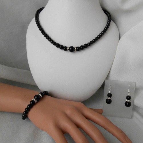 Parure mariage "chloe " 3 pièces, collier, bracelet & bo en perles nacrée noir 