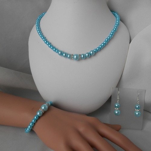 Parure mariage "chloe " 3 pièces, collier, bracelet & bo en perles nacrée bleu clair/turquoise 
