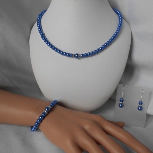 Parure mariage "chloe " 3 pièces, collier, bracelet & bo en perles nacrée bleu roi 