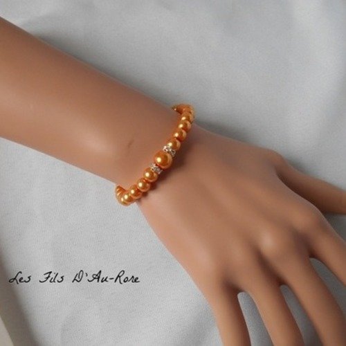 Bracelet mariage "chloe " tout en perles nacrée orange/dor 