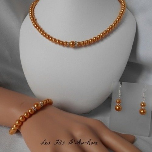Parure mariage "chloe " 3 pièces, collier, bracelet & bo en perles nacrée orange/doré 