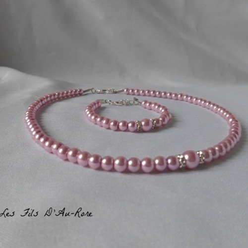 Parure mariage "chloe " 2 pièces collier & bracelet nacrée rose poudré 