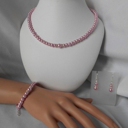 Parure mariage "chloe " 3 pièces, collier, bracelet & bo en perles nacrée rose poudré 