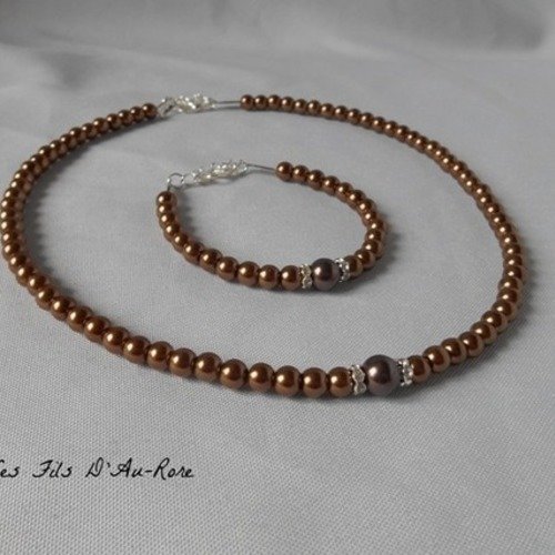 Parure mariage "chloe " 2 pièces collier & bracelet nacrée marron/chocolat 