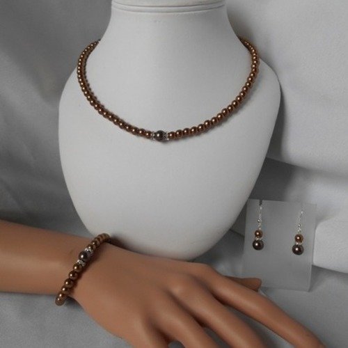 Parure mariage "chloe " 3 pièces, collier, bracelet & bo en perles nacrée marron/chocolat 