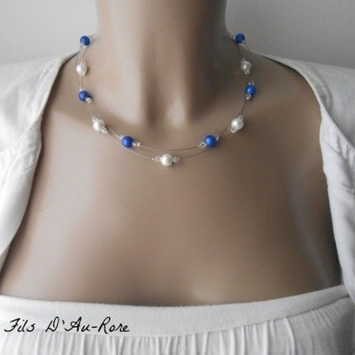 Collier mariage "ela" avec perles bleu roi & nacrée blanche 