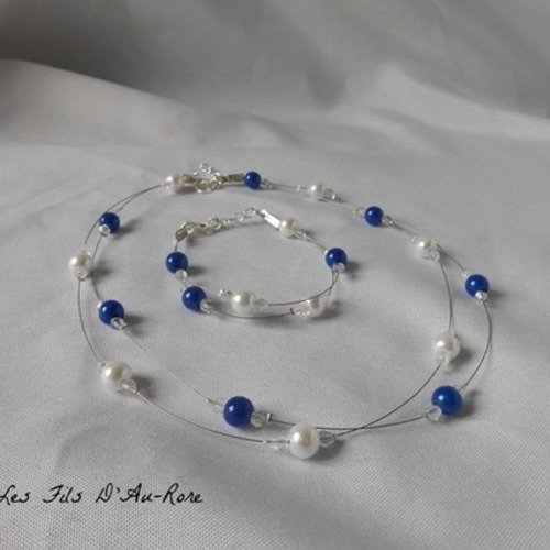 Parure "ela" 2 pièces avec collier & bracelet couleur bleu roi et blanche 