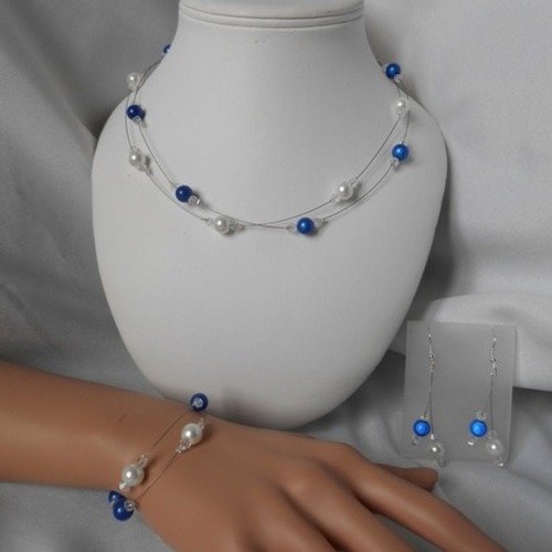Parure mariage "ela" 3 pièces avec collier, bracelet & bo bleu roi et blanche 