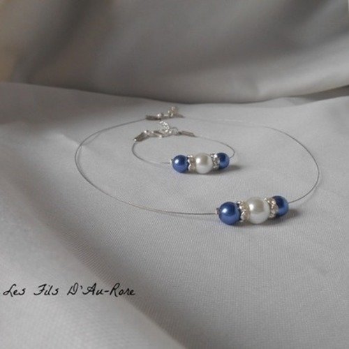 Parure " azur " 2 pièces collier & bracelet perles nacrées / bleu roi 