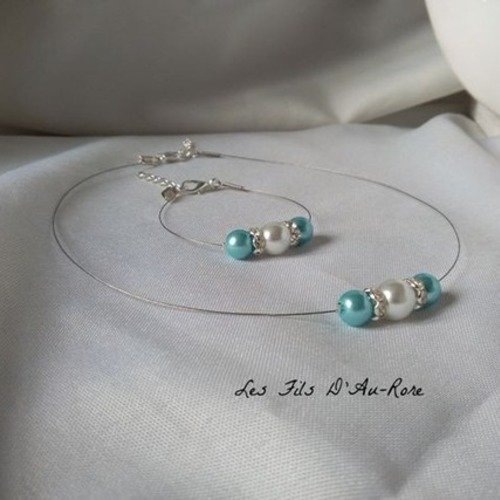 Parure " azur " 2 pièces collier & bracelet perles nacrées / turquoise 