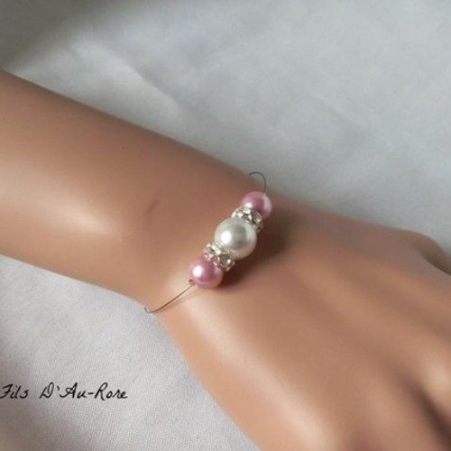 Parure " azur " 2 pièces collier & bracelet perles nacrées / rose poudré 
