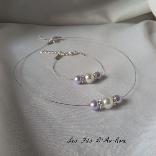 Parure " azur " 2 pièces collier & bracelet perles nacrées / parme 
