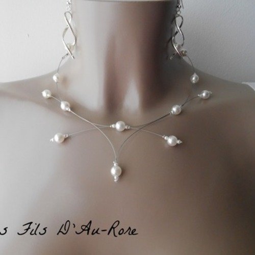 Parure perlica 2 pièces avec collier & bo en perles nacrée 