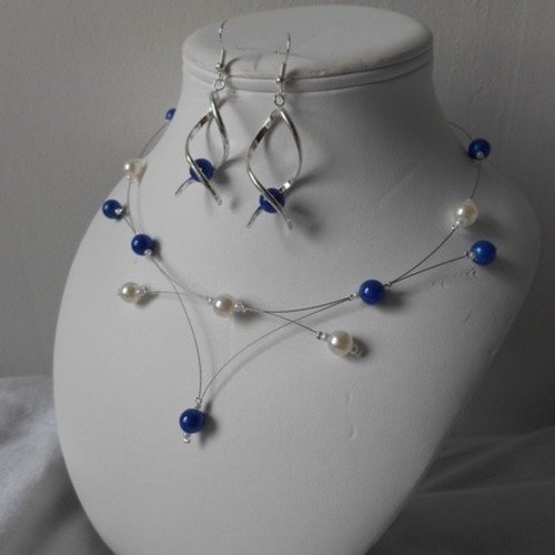 Parure perlica 2 pièces avec collier & bo en perles nacrée & bleu roi 