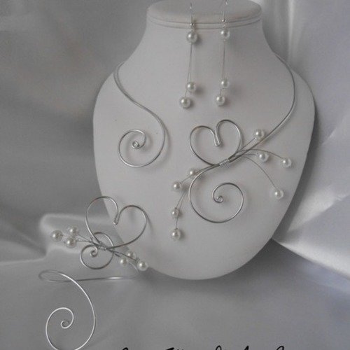 Parure mariage 3 pièces "lovea" avec fils argenté & perles blanche 