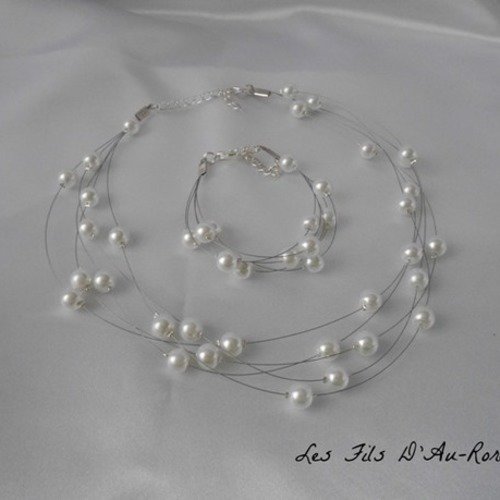 Parure mariage 2 pièces "tunise" collier & bracelet en perles nacrée blanche 