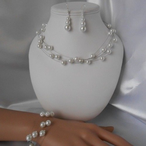 Parure mariage 3 pièces "tunise" collier, bracelet & bo en perles nacrée blanche 