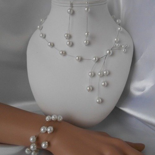 Parure mariage 3 pièces "sydney" collier, bracelet & bo en perles nacrée blanche 