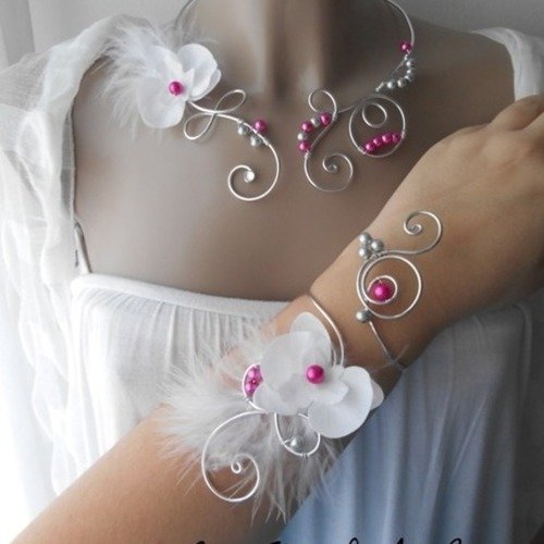Parure mariage 2 pièces "chrystel" collier & bracelet fuchsia , blanc 