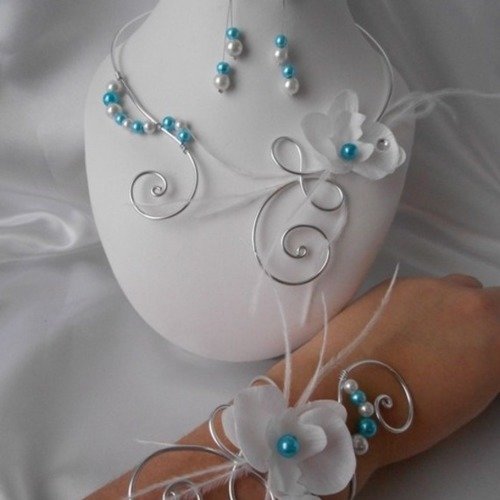 Parure mariage 3 pièces "nuage" collier, bracelet & bo, en argenté et turquoise 