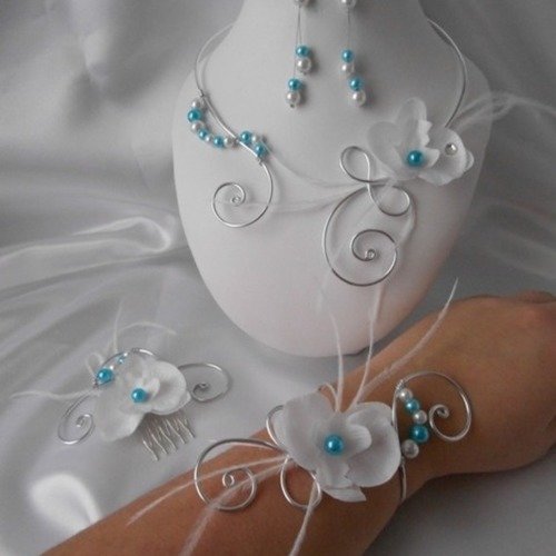 Parure mariage 4 pièces "nuage" collier, bracelet, bo & peigne , en argenté & turquoise 