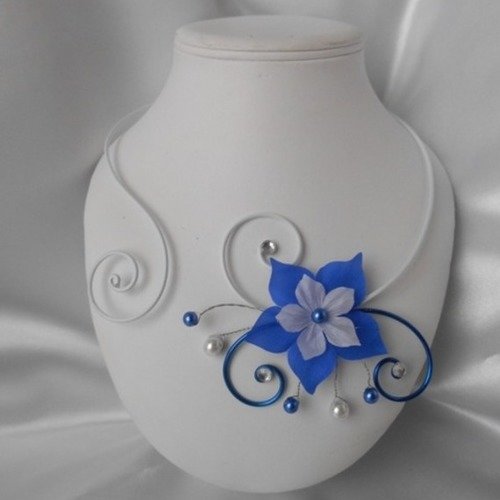 Parure mariage 2 pièces "lyra" avec fleur de soie blanche & bleu roi 