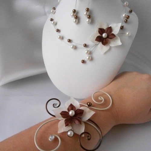 Parure mariage 3 pièces "syrra" avec collier, bracelet & boucles en ivoire et chocolat 