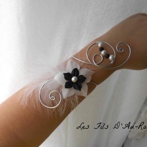 Bracelet mariage "black" fleur de soie blanche & noir 