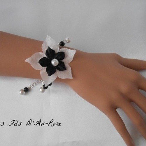 Bracelet mariage "white" avec fleur de soie blanche & noir 