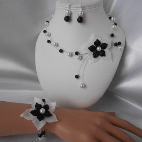 Parure mariage 3 pièces "white" collier, bracelet & boucles , noir et argenté 