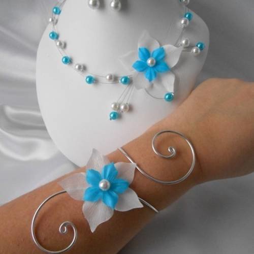 Parure mariage 3 pièces "maelys" collier, bracelet & bo turquoise et blanche 