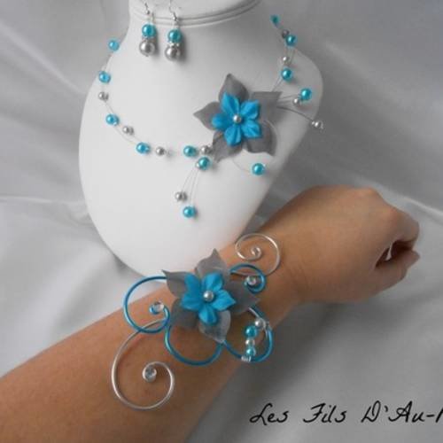 Parure mariage 3 pièces "celia" collier, bracelet & bo turquoise et gris 