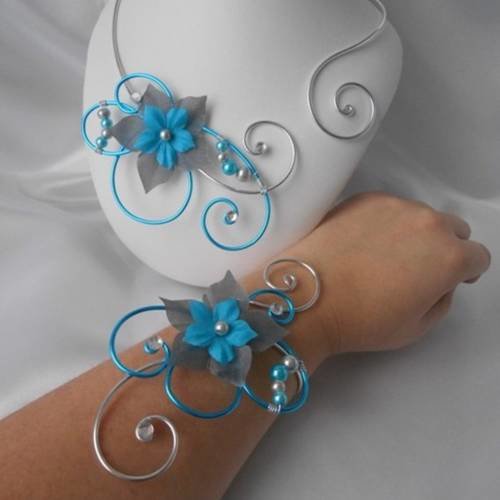 Parure mariage 2 pièces "anastatia" collier & bracelet turquoise et grise 