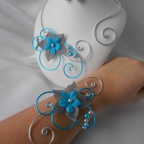 Parure mariage 3 pièces "anastatia" collier, bracelet & bo turquoise et grise 