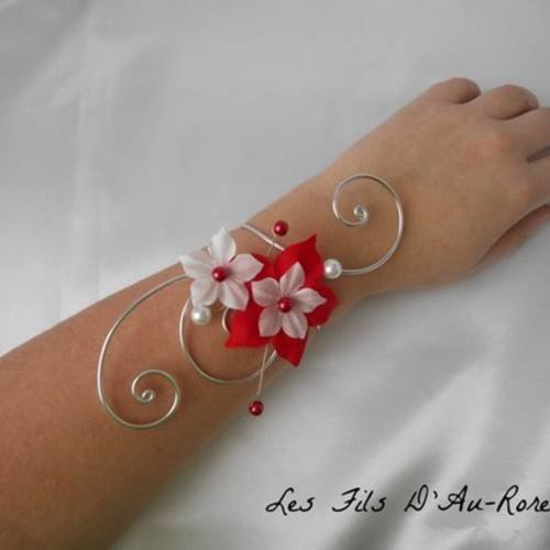 Bracelet mariage "jeanne" fleur en soie rouge & blanche 