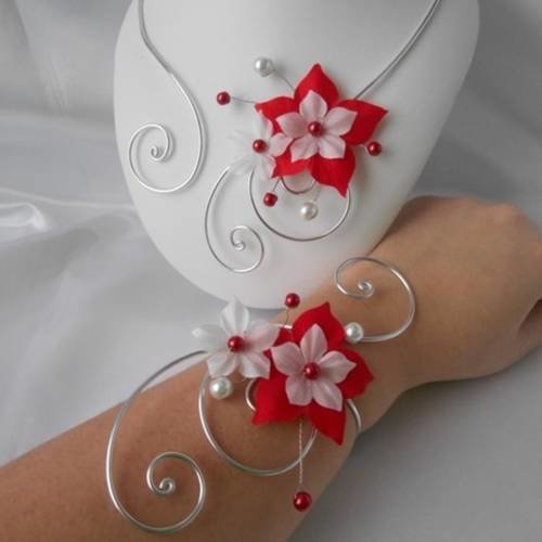 Parure mariage 2 pièces "jeanne" collier et bracelet, rouge & blanc 