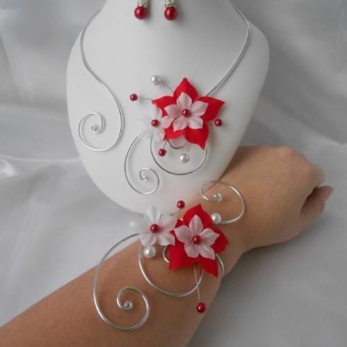 Parure mariage 3 pièces "jeanne" collier, bracelet & bo rouge et blanc 