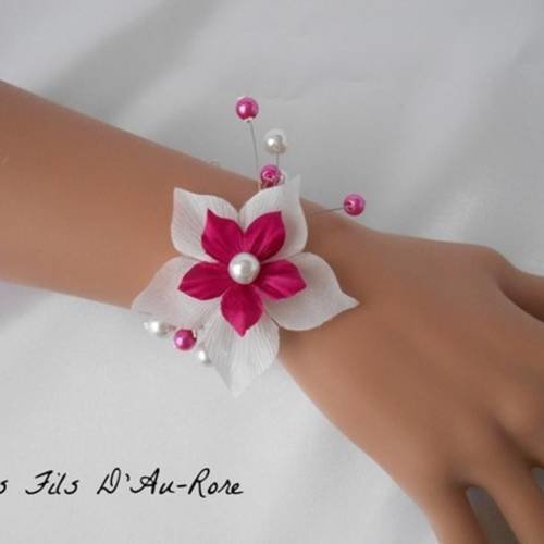 Bracelet mariage "clemence" fleur de soie fuchsia & blanche 