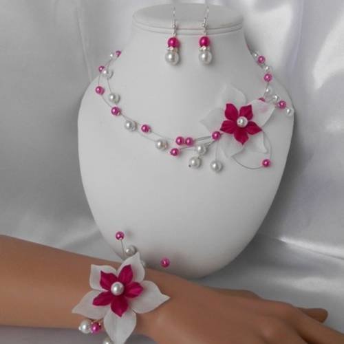 Parure mariage "clemence" collier, bracelet & bo fuchsia & blanche 
