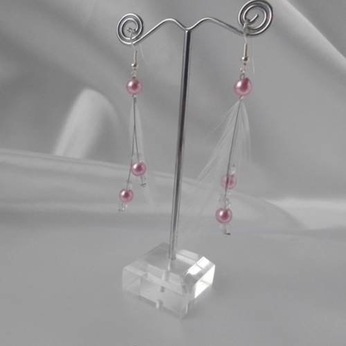 Boucles d'oreille "nina" plumes & perles nacrée rose 