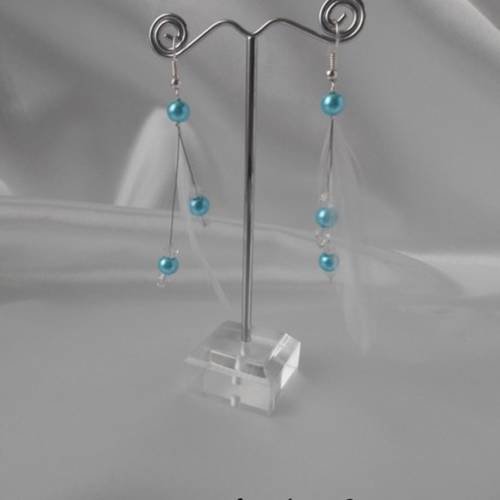 Boucles d'oreille "nina" plumes & perles nacrée turquoise 