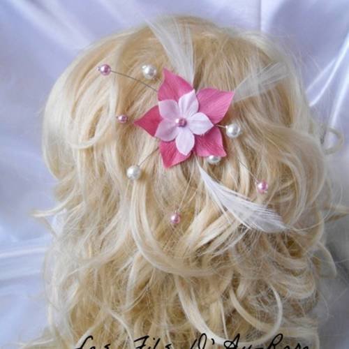 Bijoux de cheveux "zoe" avec fleur de soie rose & blanche 