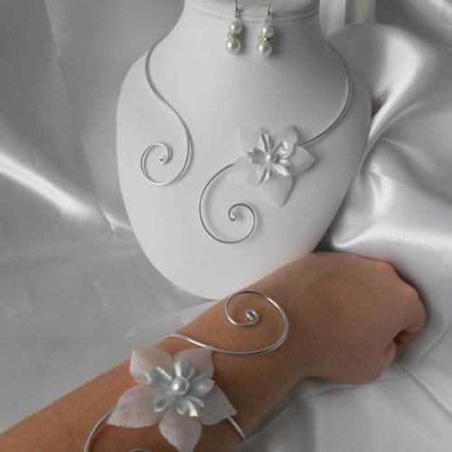 Parure mariage 3 pièces "lucie" collier, bracelet & bo argenté et blanc 