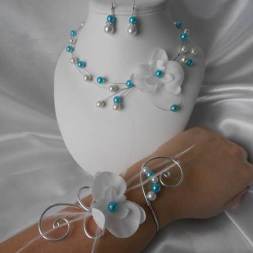 Parure mariage 3 pièces "pauline" collier, bracelet & bo 