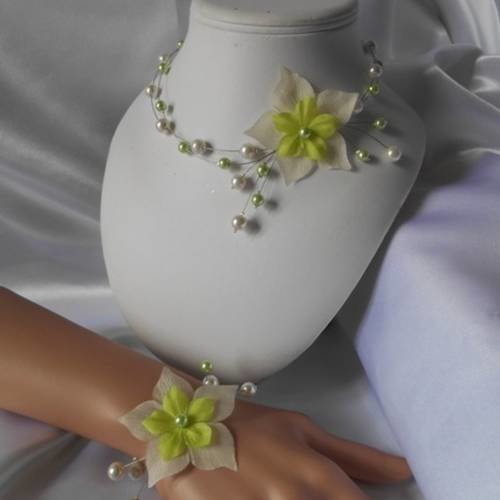 Bracelet mariage "lise" en ivoire & vert anis 