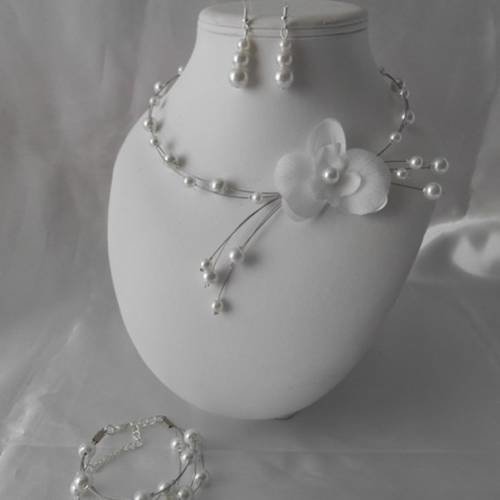 Parure mariage "angel" 3 pièces collier, bracelet & bo  en perles 