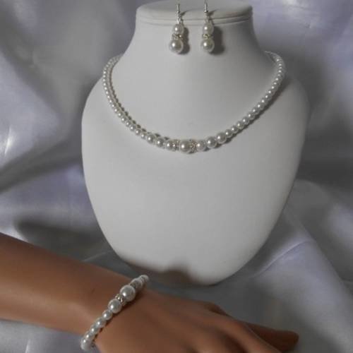 Parure mariage 3 pièces "anabelle" collier, bracelet & bo 