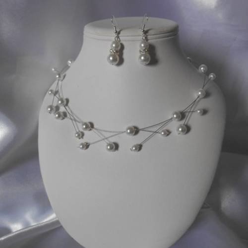 Parure mariage 2 pièces "elise" collier & boucles en perles blanche 